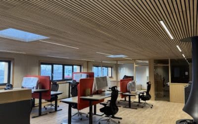 Plafonds acoustiques en lamelles de bois ajourées